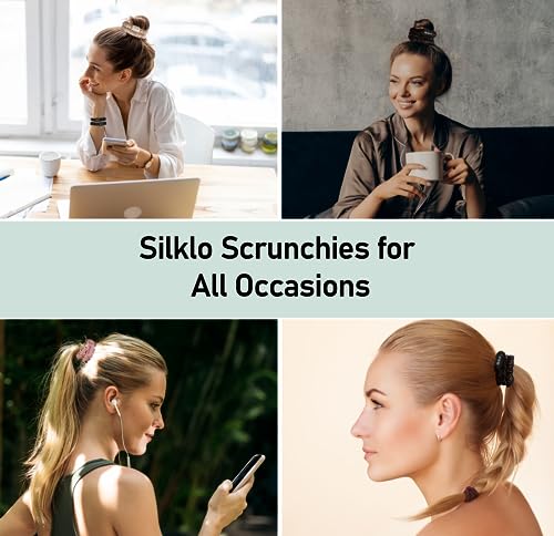 Silklo Silk Scrunchies, 100% Pure Mulberry Hair Ties 22 Momme Anti Hair Loss No Breakage Anti Crease Anti Frizz Hair Accessories Black Elastic Hair Band for Women Girls Hair Care 4Pcs (Moonlight)