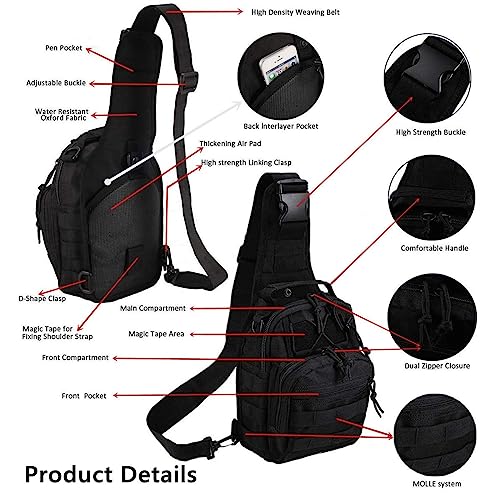 Tactical Shoulder Sling Bag, Small Outdoor Chest Pack, Military Molle Multifunctional Shoulder Messenger Crossbody for Men Traveling, Hiking, Camping (Black)