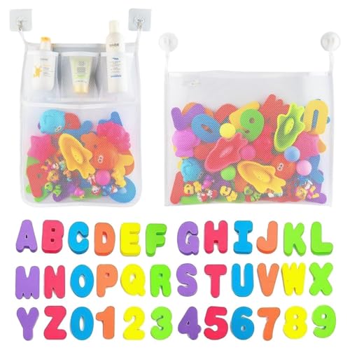 Comfylife 2 x Mesh Bath Toy Organizer  6 Ultra Strong Hooks  36 Bath Letters ââ?¬â?? Eco-Safe, Fun, Educational Foam Baby Bath Letters and Perfect Toy Storage Net for Baby Bath Toys & More