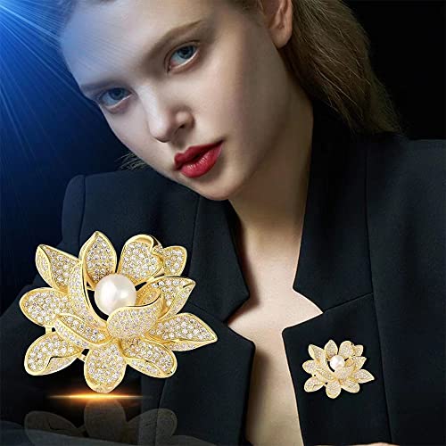 Kokoma Lotus Flower Brooch Pin for Women Girls Gold Plated Rhinestone CZ Pearl Floral Lapel Pins Corsage Badge Brooches Scarf Clip Pins for Cloth Dress Accessories Decoration, Gemstone, cubic zirconia