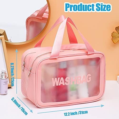YIMIKE Travel Toiletry Bag,Large Clear Makeup Bags, 2 in 1 Cosmetics Bag,Transparent Skin Care Bag for Toiletries,Waterproof & Draining Make up Bags,PVC Thickened Wash Bag for Women Men (Pink)