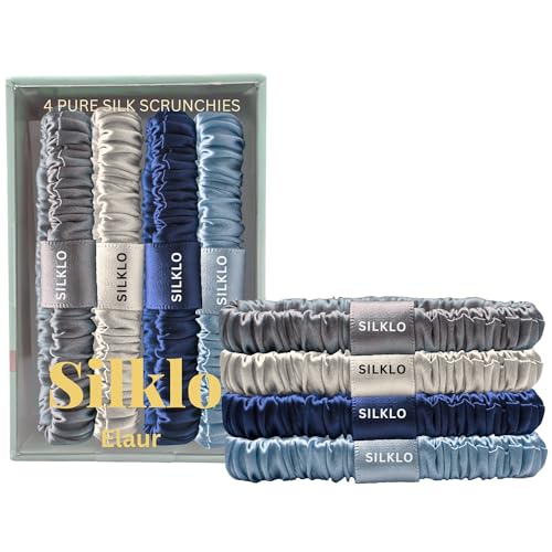Silklo Silk Scrunchies, 100% Pure Mulberry Hair Ties 22 Momme Anti Hair Loss No Breakage Anti Crease Anti Frizz Hair Accessories Black Elastic Hair Band for Women Girls Hair Care 4Pcs (Moonlight)