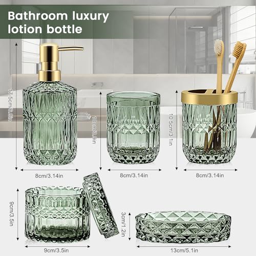 Topsky Green Bathroom Accessory Set, Glass Bathroom Decor Countertop Organizer,5Pcs Bathroom Accessories with Lotion Dispenser(Cylindrical), Soap Dish, Toothbrush Holder, Tumbler, Cotton Swab Jars