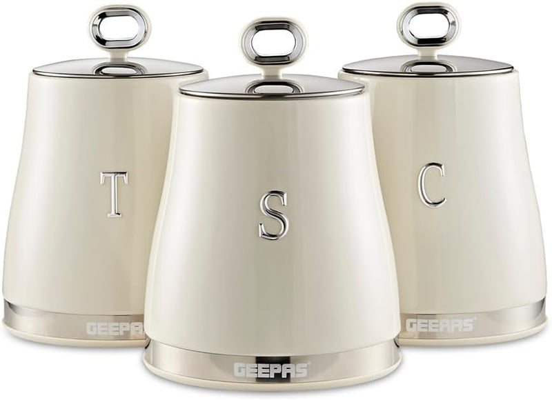 Geepas RetroWave 3-Piece Canister Set Airtight Carbon Steel Storage Jars with Silicone Seal, Stainless Steel Lids & Easy-Lift Handles Black (GCS63082UK-BK) - Cream