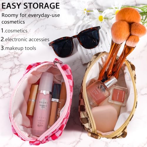 ZLFSRQ 3Pcs Checkered Makeup Bag for Women Large Cosmetic Bag Set Travel Toiletry Bag Makeup Pouch Bag for Purse Pink Zipper Storage Bag Organizer Cute Small Aesthetic Girls Car Essentials Bag