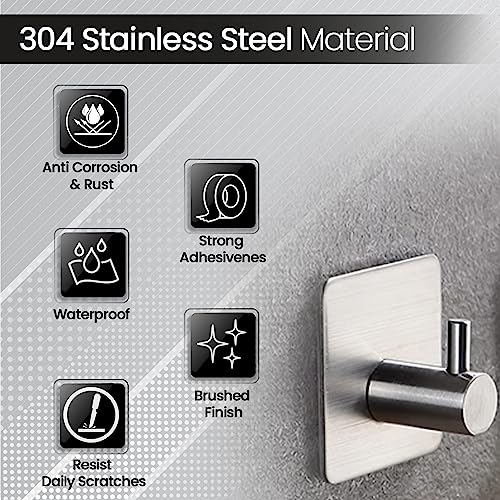 Self-Adhesive Wall Hooks (Pack of 04Pcs) - 304 Stainless Steel Waterproof and Anti-Rust Hooks for Hanging - Ideal Bathroom, Kitchen and Bedroom Hooks for Holding Keys, Coats, Hats, Robes & Towels
