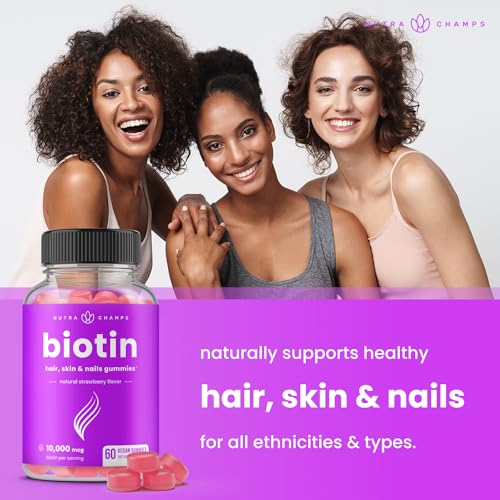 NutraChamps Biotin Gummies 10,000mcg [Highest Potency] for Healthy Hair, Skin & Nails for Adults & Kids - 5000mcg in Each Gummy Vitamin - Vegan, Non-GMO, Pectin-Based Hair Growth Supplement