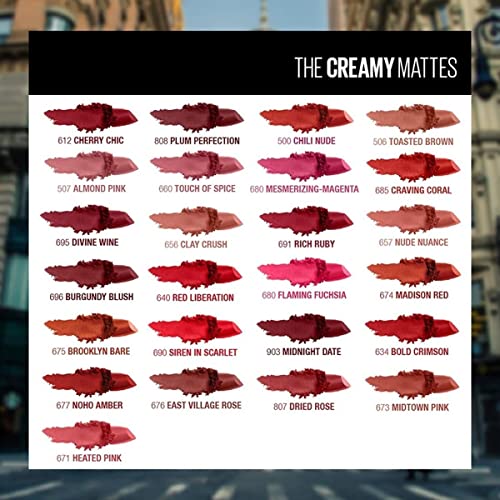 Maybelline Color Sensational Lipstick, Lip Makeup, Matte Finish, Hydrating Lipstick, Nude, Pink, Red, Plum Lip Color, Divine Wine, 1 Count