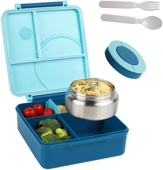 Lunch Bento Box for Kid and Adult,with Insulated Steel Jar Inside,4 Compartment Microwave & Dishwasher & Freezer Safe,BPA Free(Blue)