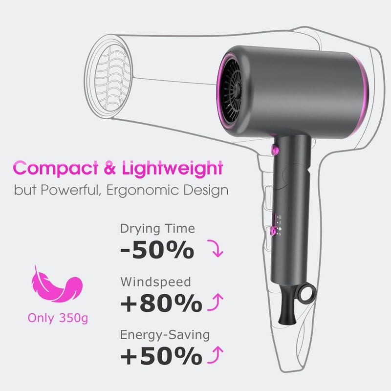 Oxsaytee 2400W Hair Blow Dryer with Diffuser, Foldable Mini Travel Hair Dryer, Ionic Hair Dryer With Storage Bag Bow Dryer for Curly Hair Fast Drying For Home Salon Travel (Black)