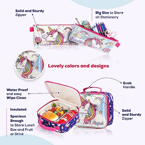 Eazy Kids - 16" Set of 3 Trolley School Bag Lunch Bag & Pencil Case Unicorn Chrome - Blue