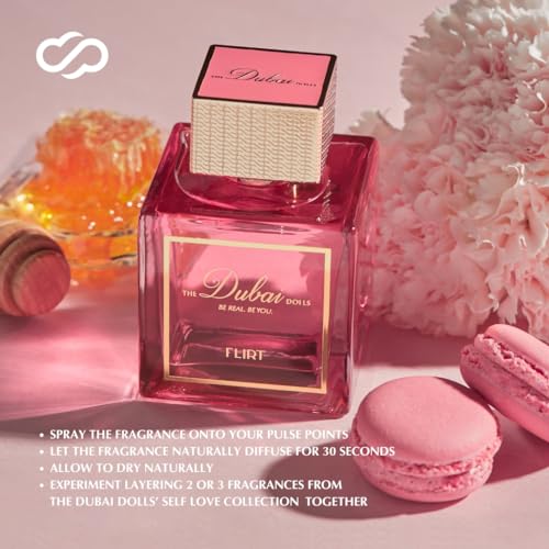 THE Dubai DOLLS Luxury Eau de Parfum ??FLIRT | A vibrant blend of pink pepper, peony, and honey for a captivating scent, perfect for day and night. (100ml)