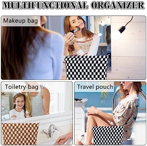 ZLFSRQ 3Pcs Checkered Makeup Bag for Women Large Cosmetic Bag Set Travel Toiletry Bag Makeup Pouch Bag for Purse Pink Zipper Storage Bag Organizer Cute Small Aesthetic Girls Car Essentials Bag