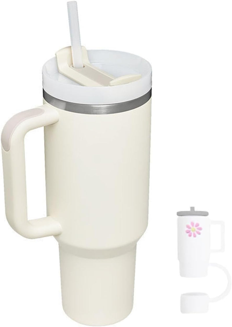 40 oz Insulated Tumbler with Handle and Straw, Insulated Travel Mug with Straw Cover, Stainless Steel Insulated Water Bottle,Dishwasher Safe, BPA Free Portable for Office Kitchen Travel (cream)