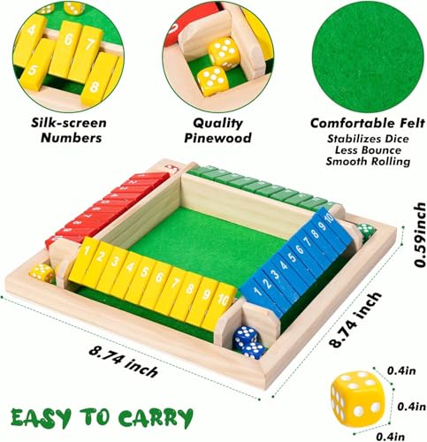 Shut The Box Dice Game, 2-4 Player Family Wooden Board Table Math Funny Games for Adults and Kids, 8 Dices Classics Creative Tabletop Version Games for Classroom,Home,Party or Pub