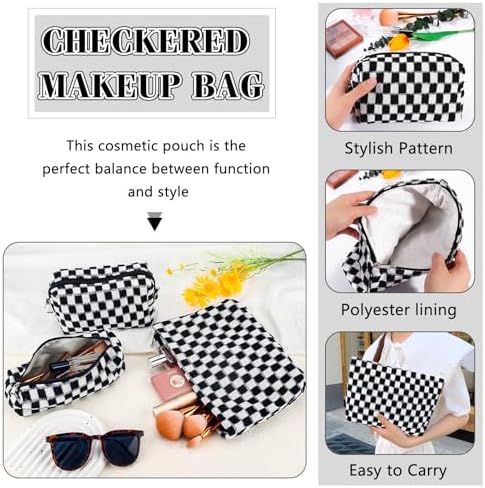 ZLFSRQ 3Pcs Checkered Makeup Bag for Women Large Cosmetic Bag Set Travel Toiletry Bag Makeup Pouch Bag for Purse Pink Zipper Storage Bag Organizer Cute Small Aesthetic Girls Car Essentials Bag