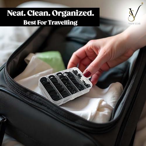 Viewstar 74 PCS Black Hair Ties Set - Durable Elastic Rubber Bands & Mini Claw Clips for Women & Girls ??No Damage, Strong Hold, Travel-Friendly Storage Box