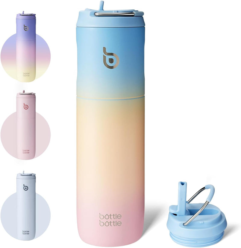 Insulated Water Bottle 24oz with Straw Lid and Handle for Sports Travel Gym Stainless Steel Water Bottles Double-Wall Vacuum Metal Bottles Leak Proof BPA-Free (baby blue) - blueyellowpink
