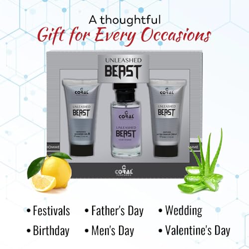 Coral Unleashed Beast Pour Homme Gift Set For Men | Eau De Toilette, After Shave Cream & Shower Gel (50ml Each) | Bold & Invigorating Fragrance