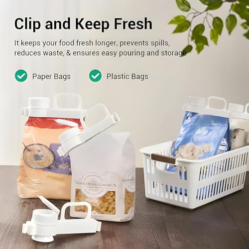 KASTWAVE Food Sealing Clip, 2 PCS Chip Bag Clips, Plastic Reusable Food Bag Clip with Pour Spout, Moisture-Proof and Fresh-Keeping, Kitchen Clips for Cereal, Snacks, White