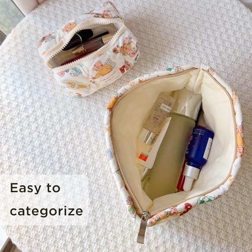 Sminra Floral Makeup Bag Large Cotton Quilted Cosmetic Makeup Bag Organizer, Aesthetic Portable Pouch Purse Toiletry Bag for Women Girls Travel accessories(Blue Floral-L)