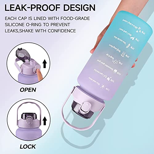 2L Water Bottle with Straw 64 Oz Motivational Sports Water Bottle with Time Capacity Marker BPA Free Big Large Gym Cycling Water Bottle Cup Jug for Kids School Outdoor Fitness (Lavender Sapphire)