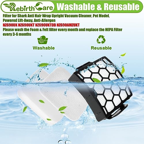 Rebirthcare nz690uk nz690ukt filter for shark powered lift-away nz690uk nz690ukt nz690uktdb nz690amzukt anti hair wrap pet model upright vacuum cleaner hepa filter foam felt filter replacement