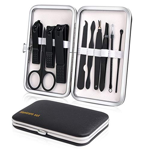 Keiby Citom Manicure Set, Travel Nail Clippers Kit Pedicure Care Tools, 10pcs Stainless Steel Grooming kit (Black)
