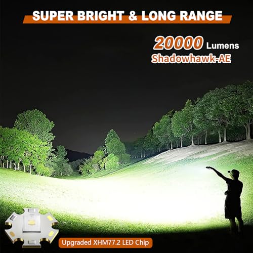Shadowhawk Flashlight Rechargeable Torch Light, 20000 Lumens Flash Light Led flashlights Tactical, XHM77.2 Led Torch Light High Power, USB Handheld Powerful Torches for Camping Hiking Emergency
