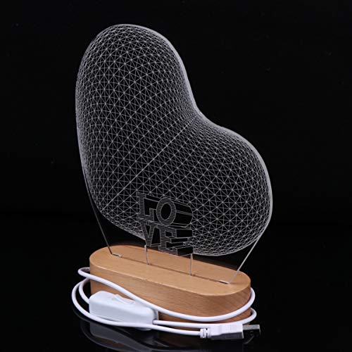Sulfar 3D Night Light Romantic Heart Shape Illusion Lamp USB Powered Visual Lights, Wooden Base, Gifts for Her Girlfriends Valentines Day Wedding Anniversary