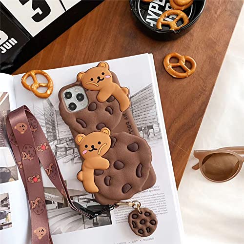 Yatchen for iPhone 13 Case Cookie Bear Kawaii Phone Cases,Cute iPhone 13 Case with Strap Lanyard Keychain 3D Cartoon Bear Soft Silicone Protective Case Funny for iPhone 13 Women Girls