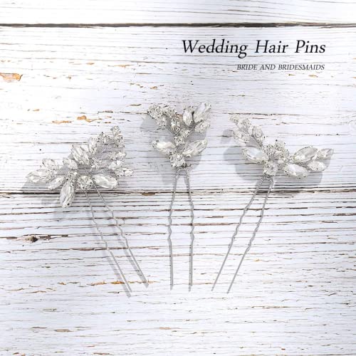 TERRIFI Crystal Bride Wedding Hair Pins Rhinstones Bridal Hair Accessories Head Piece for Women and Girls, Pack of 3,Silver