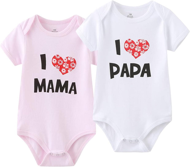 MAMIMAKA Unisex-Baby 2-pack Solid One-Piece Newborn Twins I Love Papa I Love Mama Bodysuits 0-24Months Boys and Girls