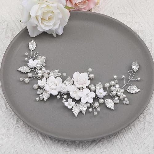 Tazweeq Flower Bride Wedding Hair Vine Pearl Bridal Hair Piece Leaf Hair Accessories Hair Piece for Women and Girls,Flower Pearl Hair Accessories for Birthday Party (9inches,Silver)