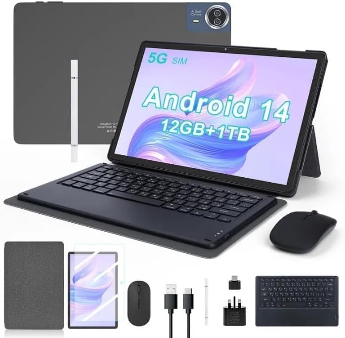 CM14000 Plus 14-Inch Android Tablet �?? Dual 5G, 12GB RAM, 1TB Storage �?? FHD Display, 20000mAh Battery, Includes Keyboard & Stylus (Black)