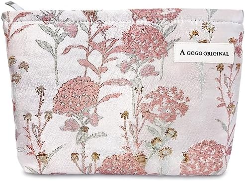 STARDW Flower Cosmetic Bags Makeup Bags for Women and Girls,Travel Makeup Bag Large Capacity Canvas Makeup Bag,Makeup Organizer Bag Zipper Pouch, Embossed pink, Large Capacity Aesthetic Makeup Bags