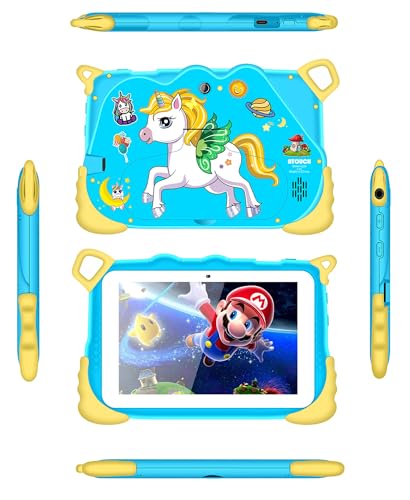 ATOUCH Android Tablet For Kids, Q38 Lite 7-Inch Screen Early Education Smart Kids Tablet Anti-drop Silicone Edge Wi-Fi, Bluetooth, Games with Built-in Stand and Stationary Set (Blue)