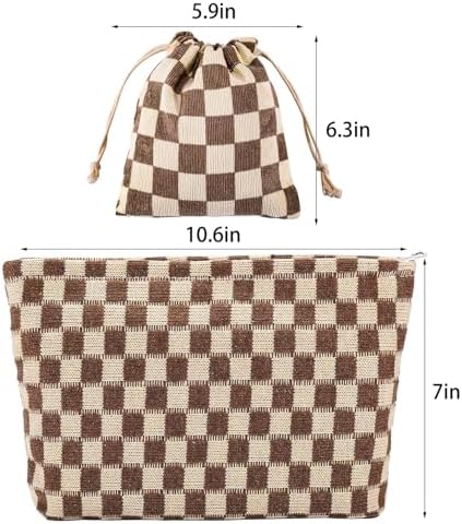 ZLFSRQ 3Pcs Checkered Makeup Bag for Women Large Cosmetic Bag Set Travel Toiletry Bag Makeup Pouch Bag for Purse Pink Zipper Storage Bag Organizer Cute Small Aesthetic Girls Car Essentials Bag