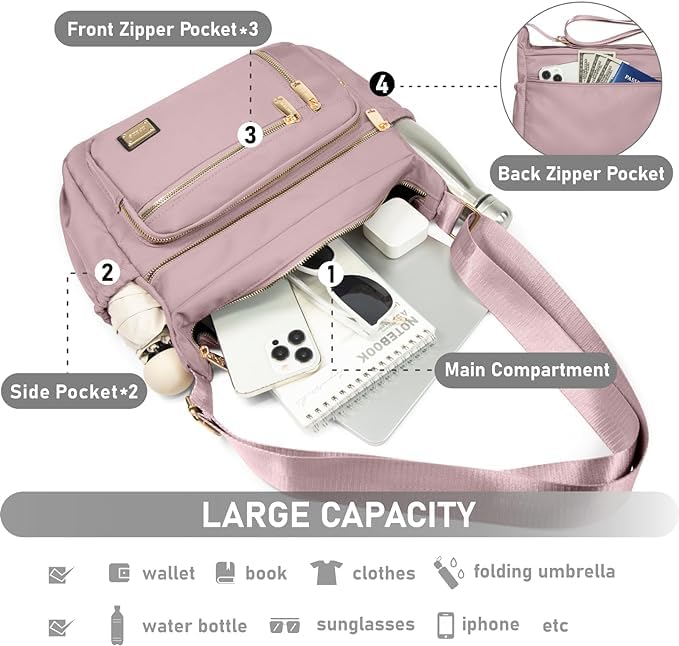 NALACAL Crossbody Bag for Women, Nylon Shoulder Purse Handbag Messenger Bag, Trendy Pocketbooks, Waterproof and Multi-Pockets (Black)