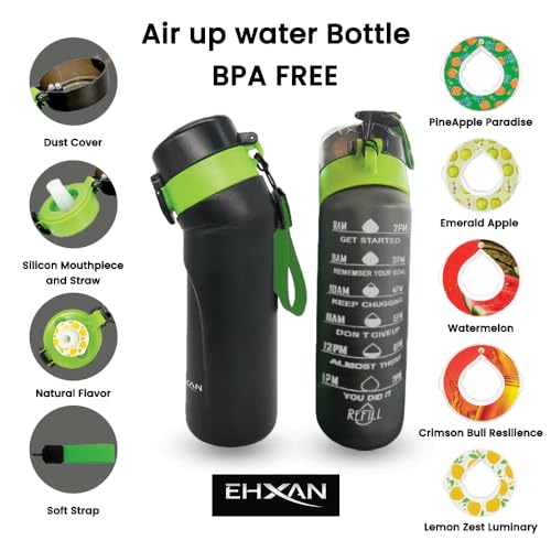 EHXAN Flavored Air Up Water Bottle 750 ML, 5 Flavor Air Up Pods Sports Water Bottle with Motivational Time Markers and Straw BPA-Free, for School Kids, Gym,Office,Outdoor (Black)