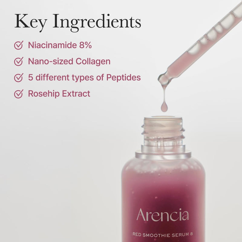 Red Collagen + Peptide Smoothie Serum, 8% Niacinamide, Vitamin C, Vitamin E, lifting anti-aging serum for skin texture for glass skin