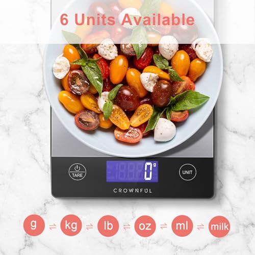 CROWNFUL 15Kg Food Scale, Rechargeable 304 Stainless Steel Digital Kitchen Scale Grams and Ounces with LCD Display and Type-C Charging for Baking and Cooking