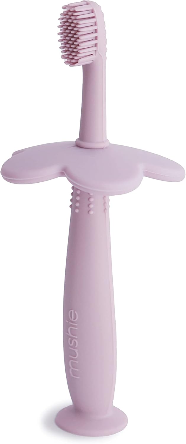 Flower Training Toothbrush for Toddlers- Gentle Gum Stimulation & Choking Prevention - Soft Silicone Bristles & Suction Base with Removable Safety Guard - Soft Lilac