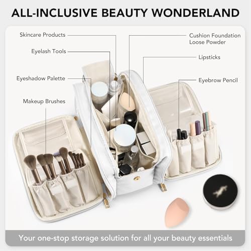 Azonee Large Capacity Travel Makeup Bag for Women, Portable Cosmetic Organizer with Waterproof Design, Vertical Brush Holder, Easy Access Storage for Toiletries and Essentials (White)