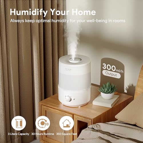 ASAKUKI Humidifiers for Bedroom Home, 3L Top Fill Cool Mist Air Humidifiers for Baby Nursery & Plants, 3-IN-1 Quiet Oil Diffuser & Night Light for Large Room, Auto Shut-off, BPA-Free, 30H