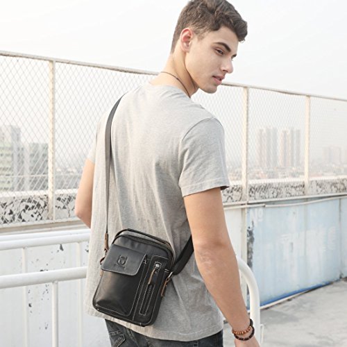 BULLCAPTAIN Men's Small Shoulder Bag, Genuine Leather Bag, Retro lightweight Cross Body Everyday Satchel Bag for Business Casual Sport Hiking Travel, Black, 2T, Traveling