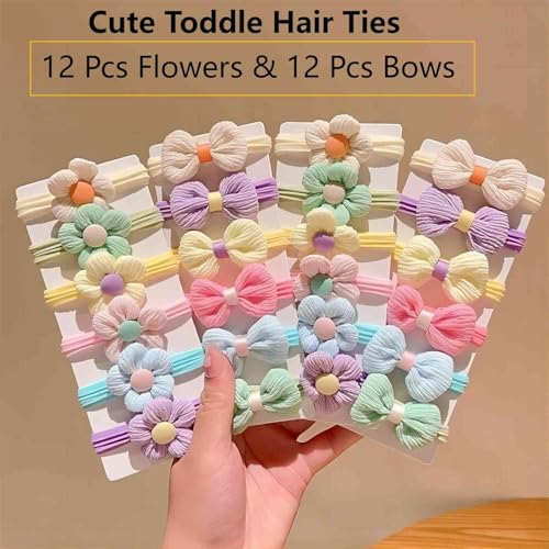 Lonimia 24 Pcs Multicolor Cotton Elastic Hair Ties for Girls with Bows and Flowers, Soft Seamless Elastic Hair Bands, Perfect for Little Girls, Toddlers, Babies and Kids