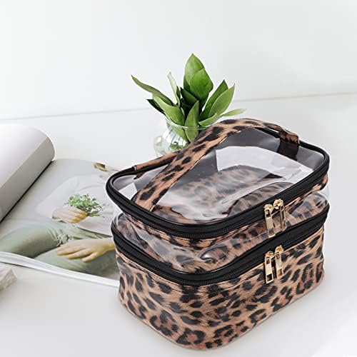 Lurrose Makeup Bag with Large Capacity Double-layer Travel Toiletry Bag Portable Cosmetic Organizer Multifunctional Storage Pouch (Leopard Print)