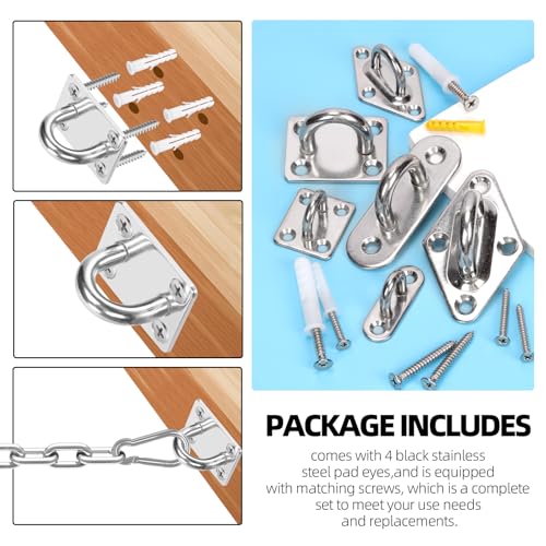 Glarks 36pcs M5 Stainless Steel Pad Eye Plate Hook Kit, Diamond Eye Plate U Hooks Heavy Duty Ceiling Hooks and Carabiner Clips Snap Hook for Ceiling and Mounting Hanging Hardware