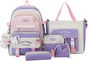 5PCS School Backpack Set for Teen Girls School Bag with Bear Pendant Back to School Backpacks Supplies Students Laptop Bookbag Casual Daypack Gifts for Girls - Purple
